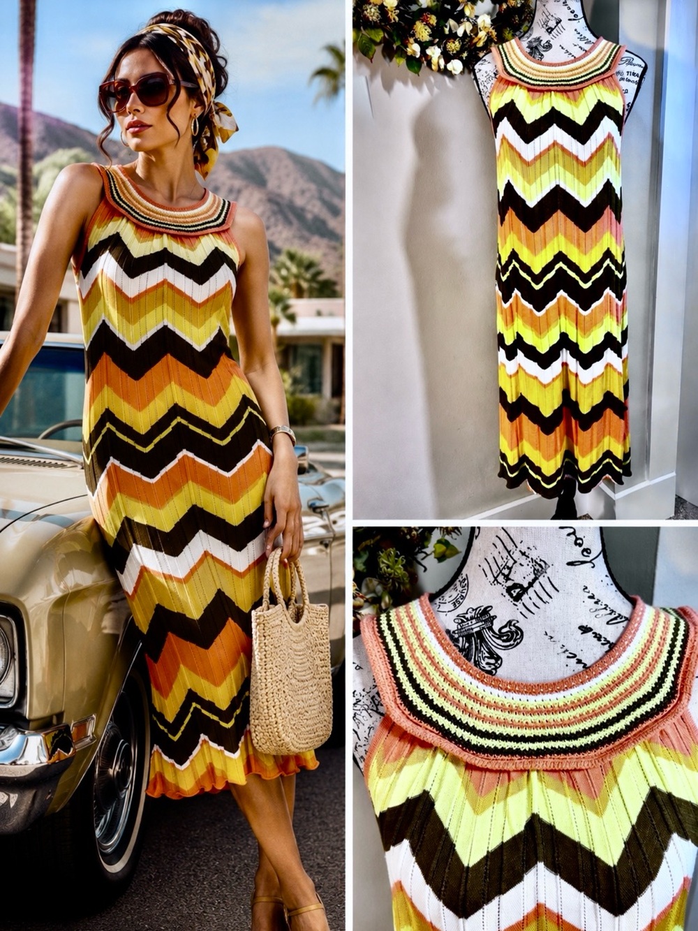 Antonio Melani Clarissa Chevron Knit Sweater Dress Resort Retro Stripe XS💛